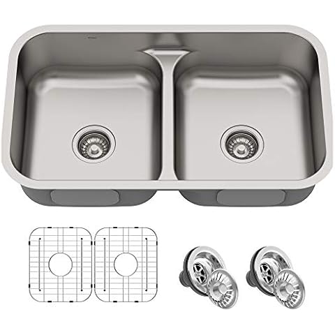 KRAUS KBU32 Premier 32-inch 16 Gauge Undermount 50/50 Double Bowl Kitchen Sink with Smart Low Divider Cover