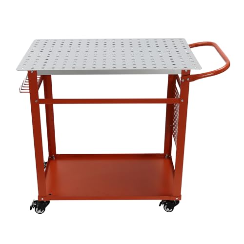 Mesa de soldadura móvil, capacidad de carga de 272 kg, banco de trabajo rectangular de acero con ruedas, bandeja lateral para herramientas con 9 ganchos, banco de trabajo, 91,44 x 61 x 91,44 cm