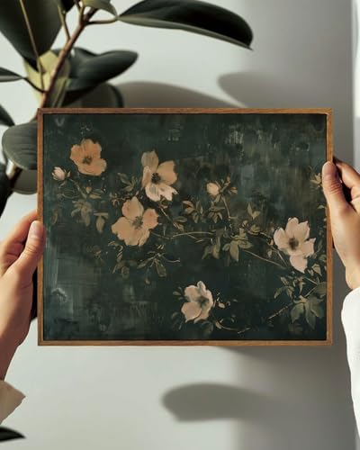 Image of KISSFOX Framed Wall Art Vintage Wall Art Flowers Canvas Art Dark Green Pictures Floral Paintings Moody Artwork Farmhouse Prints For Bedroom Kitchen Living Room