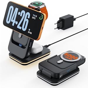 GEEKERA 3-in-1 Faltbare Magnetische Ladestation: 2026 Upgrade herausnehmbare 5000mAh Powerbank, induktives Ladegerät für iPhone Air/17/16/15-12, für Apple Watch 11-2, AirPods, Samsung Galaxy, Schwarz