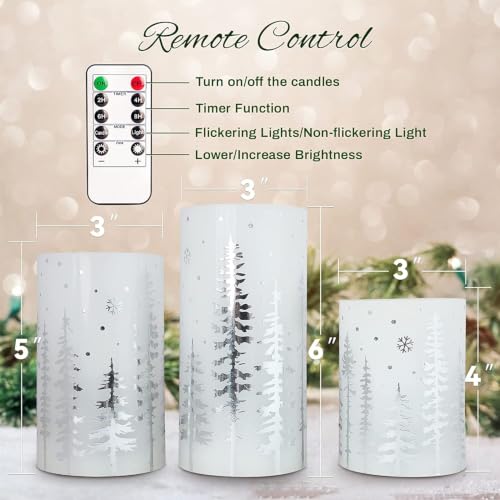 Image of Christmas Flameless Candles with Remote & Timer Flickering Real Wax LED Pillar Candles, Silver Christmas Tree Snowflake Battery Operated Candles, Xmas Gift Farmhouse Home Holiday Decoration - Set of 3