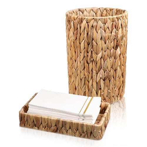 Water Hyacinth Trash Can 10 Inch Bathroom Tray Countertop Set Handwoven Waste Basket Toilet Tank Bathroom Vanity Tray Rattan Wicker Home Decor for Bedroom Kitchen Office