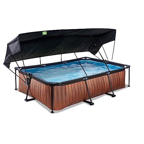 EXIT TOYS Piscine Wood avec Voile d'Ombrage - 300x200x65cm - Piscine Hors Sol Rectangulaire avec Pompe Filtrante à Cartouche - Protection Optimale Contre Les Rayons UV...
