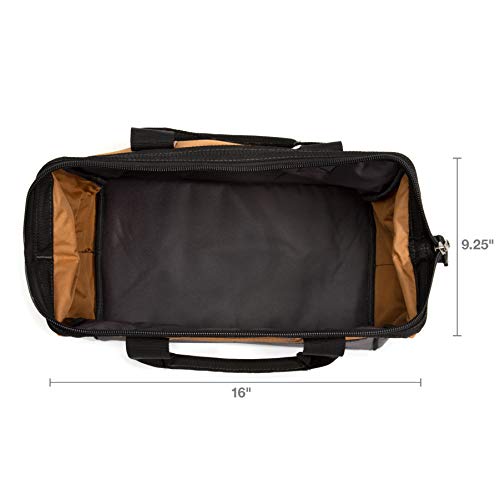 Dickies 16-Inch Durable Canvas Work Bag For Painters, Carpenters, And Builders, Heavy-Duty Zipper, Reinforced Handles, Exterior Pockets, Tan/Grey #TOP6