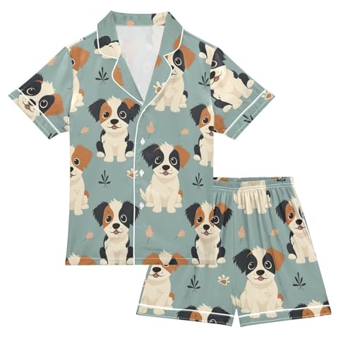 Satin Pajama Sets Short Sleeve Cute Dog Puppy Pattern Button Down Silky Nightwear 2 Piece PJS 5-14Y