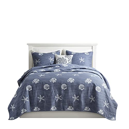 Harbor House Seaside Reversible Cotton Quilt Set Coastal Clam, Starfish, Coral Embroidery, All Season, Pre-Washed Coverlet Bedding Layer, Decorative Pillow, King/Cal King(108"x90") Navy 4 Piece - Image 14