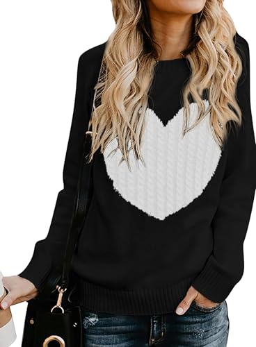 QIXING Women's Jumper Heart-Shaped Cable Knit Winter Sweater Round Neck Long Sleeve Valentine's Day Pullover for Mother Girlfriend (Black-White, XL)