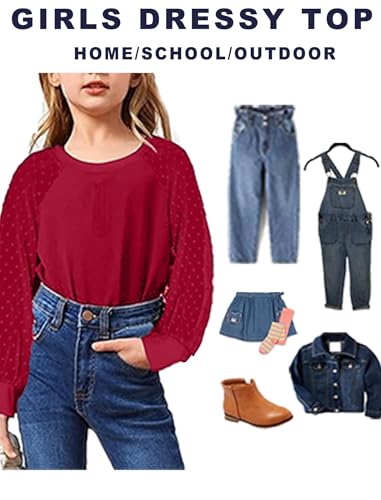 Image of Yekaty Girls Shirts Casual Solid Color Crewneck Blouses Soft Long Sleeve Swiss Dots Chiffon Tops