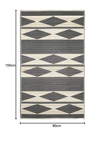FAB HAB Outdoor-Teppich - wetterfest, farbecht, wendbar - recycelter Premium-Kunststoff - geometrisches Tribal - Terrasse, Balkon, Garten, Flur, Bad - Läufer Cairo Natur & Schwarz, 90x150 cm