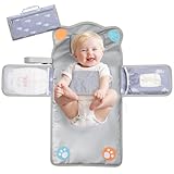 Anti Roll Diaper Changing Pad Mat with Swaddle Strap 3-in-1 Portable Waterproof Foldable Travel Station Built-in Pillow, Wipes Holder, Storage Pockets, Shower Gift for Newborns Girls,Boys