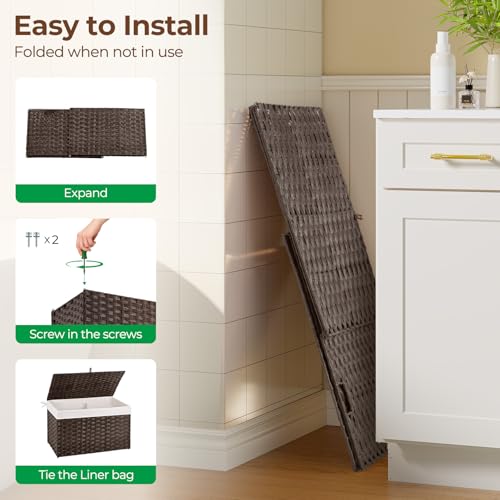 GREENSTELL Storage Basket with Lid, 42.3 Gallon(160L) Lagre Wicker Blanket Storage Basket with Handles, Foldable, 2 Removable Liner Bags, Metal Frame, for Bedroom, Laundry Room, Brown, 30"*18.1"*18.1" thumbnail 5
