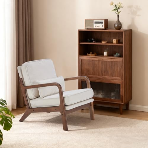 DUMOS Accent Chair Mid Century Modern Chair with Arms and Waist Cushion, Reading Chairs for Adults with Solid Frame, Lounge Side Sitting Armchair for Living Room, Bedroom, Balcony, Cream