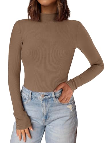 PRETTYGARDEN Womens Mock Turtleneck Fall Long Sleeve Shirts,Light Brown,L - image 1