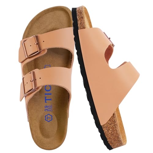 T TICCI Flexible Cork Footbed Sandals for Women - Arch Support Slides with Adjustable Buckle, Genuine Suede & EVA Outsole,