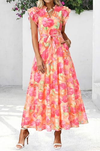 dowerme Women Summer Maxi Dresses 2026 Ruffle Sleeve V Neck Floral Boho Long Dress Belted Tiered Sundress with Pockets(Orange Red Big Floral,Large) — view 4
