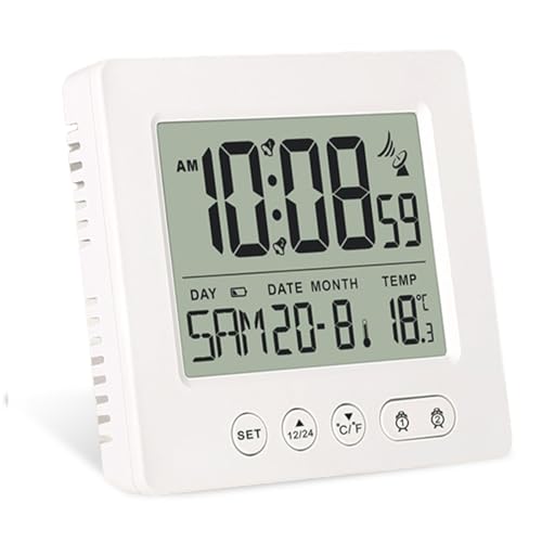 GOMETY Radiosveglia digitale con termometro, luce calendario, temperatura, orologio radio, visualizzazione settimanale, visualizzazione della data, due sveglia indipendente, regolazione automatica,