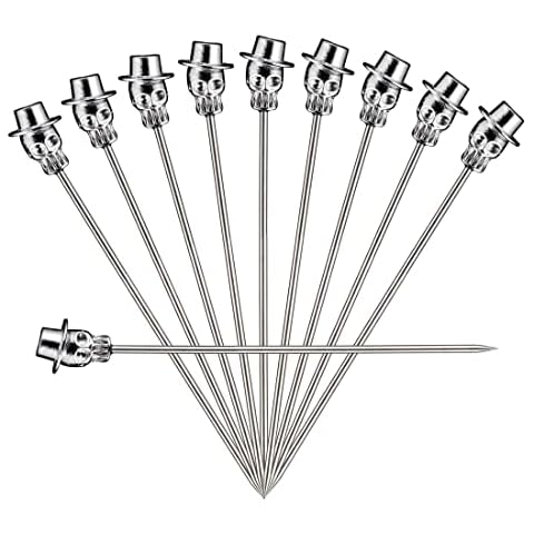 4.5'' Skull Cocktail Stick Stainless Steel Martini Picks Reusable Metal Skewers Fruit Toothpicks for Bar, Barbecue, Snacks Set of 10 (Silver hat) Cover
