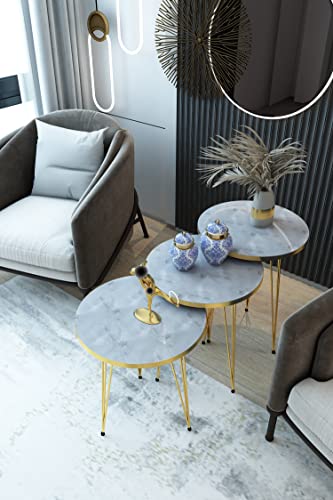 Pak Home Set Of 3 High Gloss White Marble Gold Legs Nesting End Tables Round Wood Stacking Coffee Side Accent Table With Metal Legs For Living Room, Home Office, Nightstands For Bedroom #TOP2