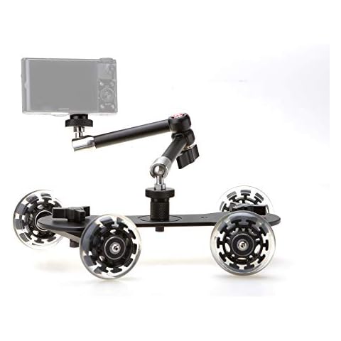 Kamerar Skater Mini Pro Video Dolly with 11" Tough Arm, Table Dolly Slider Design Aluminum Rods Rotatable Rubber Wheels 1/4-20” Threads for DSLRs Video Camcorders, Wireless Cameras Cover