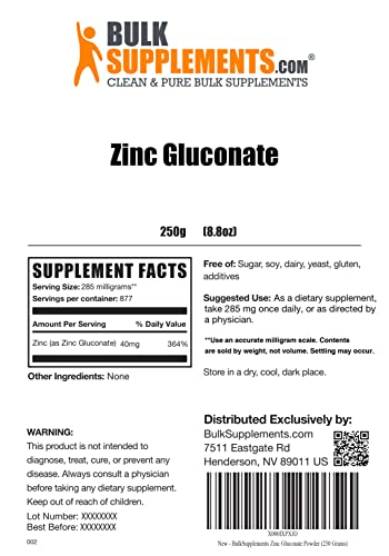 Bulksupplements.com Zinc Gluconate Powder - Zinc Supplement - Vegan Zinc - Zinc Powder - Elemental Zinc - Pure Zinc - Raw Zinc - Zinc Vitamins - Vitamin Zinc (250 Grams - 8.8 Oz) #TOP1