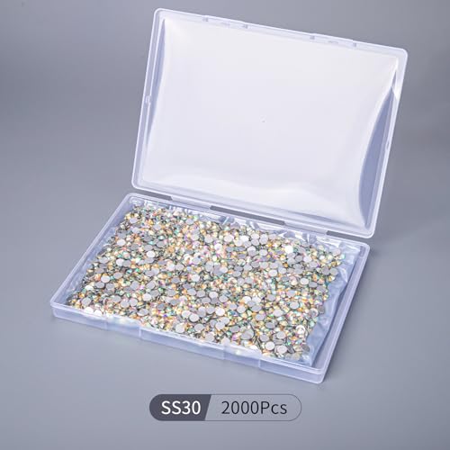 Image of 2000PCS Crystal AB Rhinestones Bulk, Flat Back Crystal Glass Stone Round Gems,SS30, 6.4-6.6mm