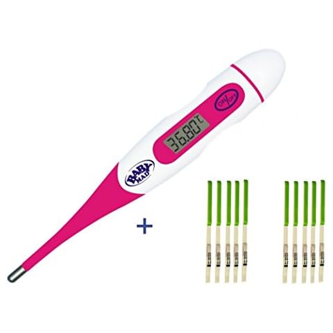 BabyMad® Basal Thermometer (HOT Pink) + 10 x Ovulation Tests - Body Temperature Ovulation Test Thermometer (Centigrade) Flexible Tip + Free BBT Fertility Chart Cover