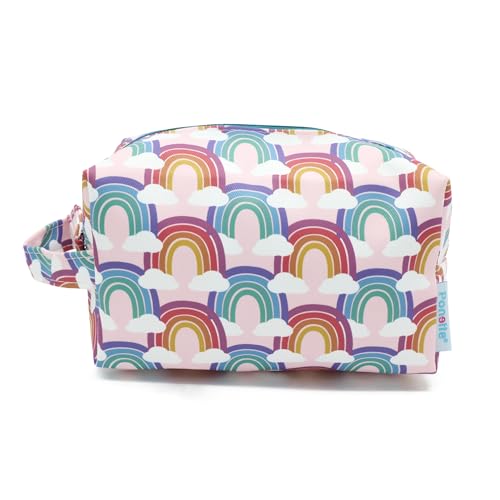 PONETTE - Neceser Infantil en Tejido Rosa Bebé con Divertido Estampado de Arcoíris Multicolor y Nubes, Niño, Niña, Viaje, Estuche, Bolsa, Piscina, Colegio, Campamento, Marca Española
