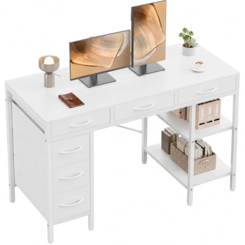 Simple Deluxe Computer Desk with 6 Drawers, 47 Inch Office Workstation with Storage Shelves, Reversible Corner Gaming Table, Home Office Study Desk with Fabric Organizer, White by Simple Deluxe - Used condition - US$69.62