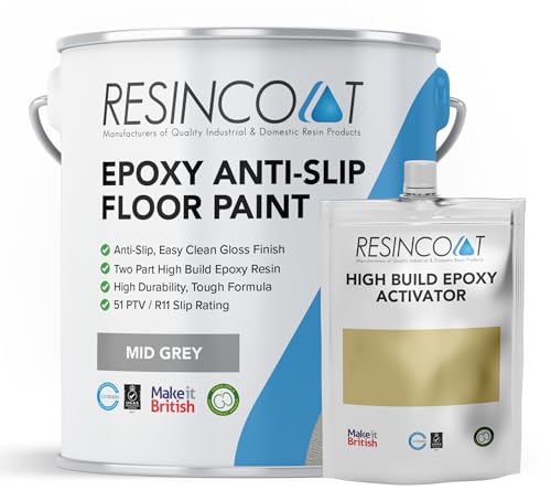 Resincoat Anti Slip Epoxy Floor Paint – 2-Part Textured Resin Coating for Concrete – Hard Wearing, High Build, Non-Slip Finish – Easy DIY Application – Made in the UK (Mid Grey)