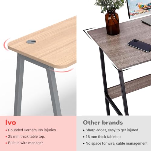 Image of KOKUYO IVO Home Office Desk - Heavy-Duty Work Table for Home, Study, Office & Workspace | 25mm Thick Engineered Wood Top, Sturdy & Angular Metal Legs | (Grey, 900MM)