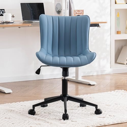 Image of YOUNIKE Office Desk Chair with Wheels Armless Vanity Chair Modern Blue | Faux Leather Upholstered with Rocking Back, Swivel Height Adjustable Small Cute Computer Rolling Task Chair Ergonomic 300lb