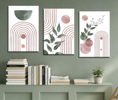 Image of Frimeeme Framed Large Boho Pink and Green Canvas Print Set of 3,16x24 In | Abstract Leaves Geometry, Ready to Hang