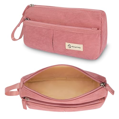 Image of FINPAC Pencil Case, Corduroy Triangle Makeup Bag, Kawaii Pen Bag Pouch Holder Box Organize for Study, Office, or Travel, Pink