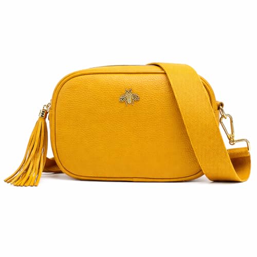 LeahWard Small Genuine Italian Soft Leather Cross Body Messenger Bag Shoulder Strap Handbag Phone Holder Holiday, Mustard Yellow, S