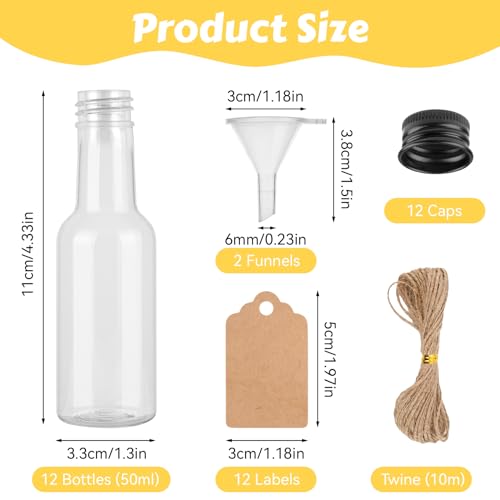 Weysoo Kleine Flaschen zum Befüllen, 12 Stück 50ml Mini Likörflaschen mit Kraftpapieretikett u. Hanfschnur, Wiederverwendbar Kunststoff Shot Flaschen zum Befüllen für Hochzeiten,Party