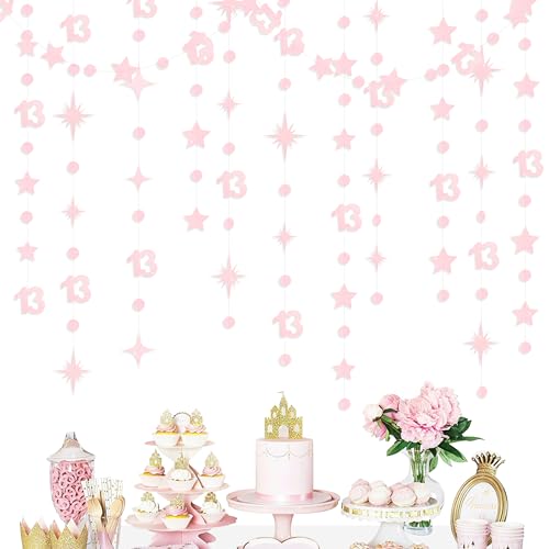 Image of Glitter Pink 13th Birthday Decorations Number 13 Circle Dot Twinkle Star Garland Hanging Streamer Banner Backdrop Girls 13 Year Old Birthday Thirteen Official Teenager 13th Anniversary Party Supplies