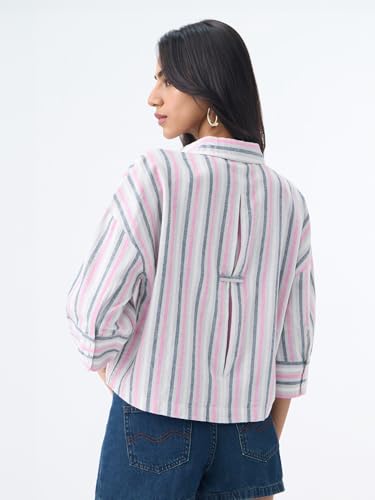 Image of The Souled Store Cotton Linen Shirt: Women and Girls Drop-Shoulder Sleeves Spread Collar Stripes Lightweight Casual Oversized Shirt