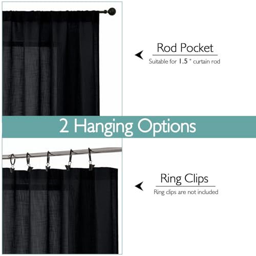 Chyhomenyc Black Semi Sheer Curtains 96 Inches Long 2 Panels for Living Room, Light Filtering Faux Linen Slub Textured Burlap Bedroom Curtains, Soft Rod Pocket Window Drapes, Each 50Wx96L by Chyhomenyc - Used condition - Image 4