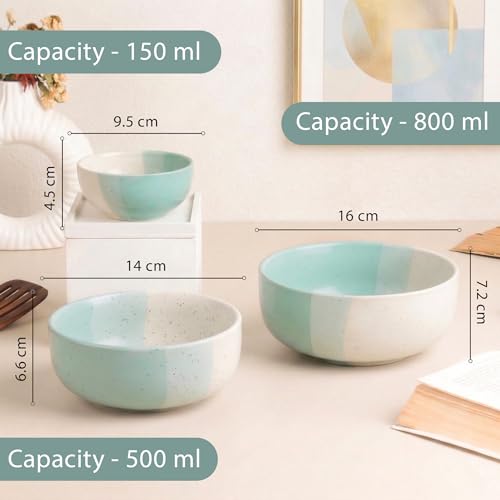 Image of The Earth Store Tritone Green Ceramic Serving Bowl Set of 3 - 800ML, 500ML, 150ML Microwave Safe Bowl, Elegant Serving Bowl | Ceramic Bowl Set of 3 for Home | Restaurants | Gifting