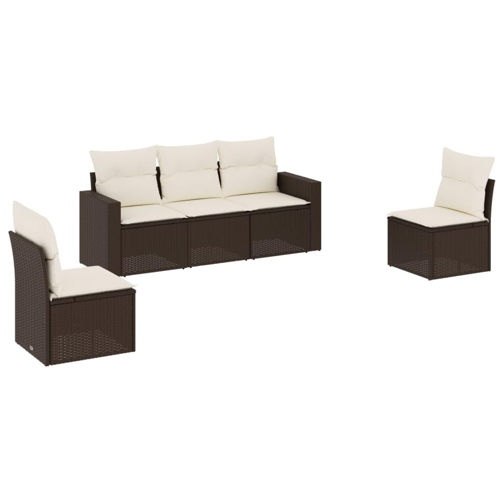 Set di divani da giardino in polyrattan marrone, 5 pezzi, con cuscino, vano portaoggetti, borsa impermeabile, resistente ai raggi UV, portata 110 kg, per giardino, terrazza, balcone