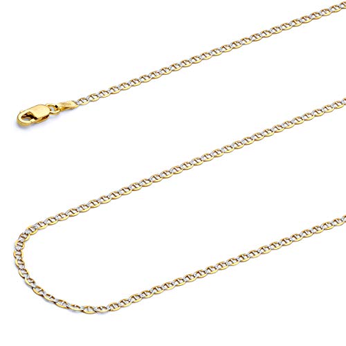 14K Real Two Tone Gold Solid 2Mm Flat Mariner White Pave Chain Necklace With Lobster Claw Clasp - 22" #TOP1