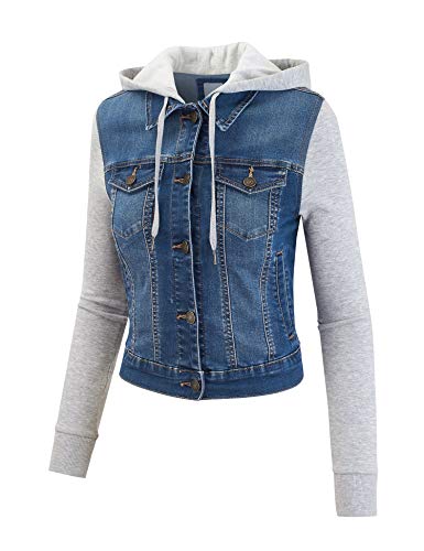 Fashionmille Women Denim Trucker Jacket W/Long Fleece Sleeve-Fwj1064-M Denim-S #TOP1