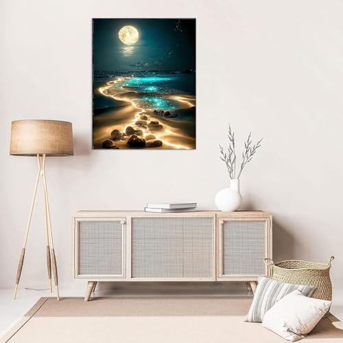 Wusarply J059 Moonlight Stamped Cross Stitch Kits - Beach Night Landscape Counted Cross Stitch Kits For Beginners Adults Needlepoint Cross-Stitch Patterns Dimensions Needlecrafts Embroidery Kits Arts And Crafts thumb #1