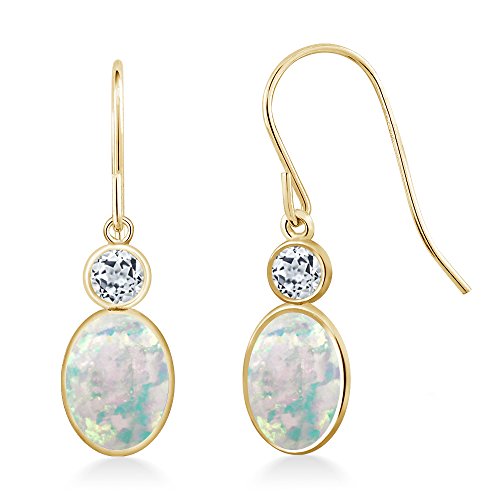 Gem Stone King 14K Yellow Gold White Opal and White Topaz Hook French Fish Ear Wire Dangle Earrings For Women (1.54 Cttw, Gemstone October Birthstone, Oval Cabochon 7X5MM, Round 3MM)