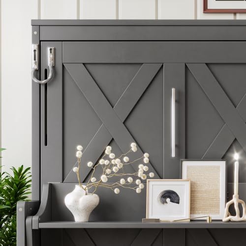 Bellemave Full Size Murphy Bed with Desk & USB Charging Station, Wooden Murphy Cabinet Wall Bed with Storage Pegboard & LED Lights for Guest Room/Home Office/Studio Apartment (Dark Gray/Full)