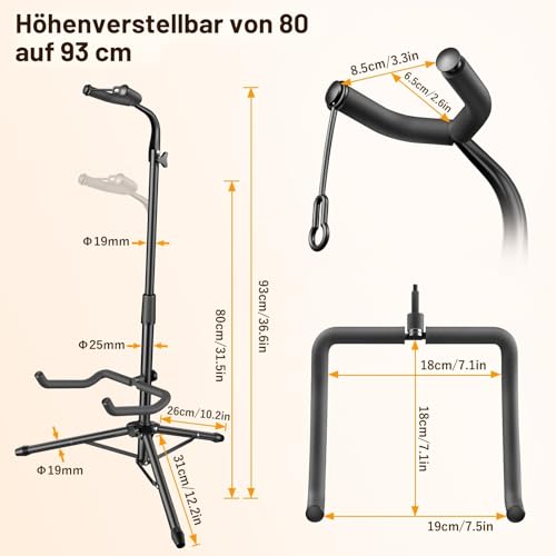 New Bee Gitarrenständer Klappbarer Höhe Verstellbar 80-93CM Guitar Stand mit Hals-Halterung Gitarrenhalter für E-Gitarre, Akustikgitarre, Bass, Laute, Ukulele
