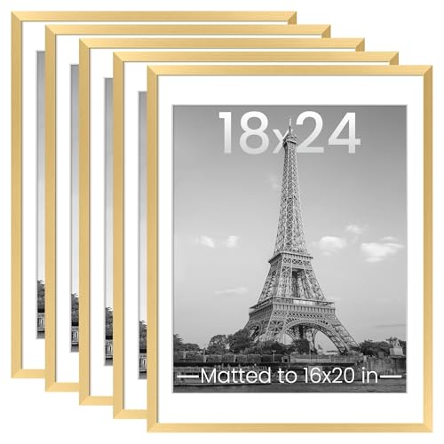 Image of upsimples 18x24 Picture Frame Set of 5, Display Pictures 16x20 with Mat or 18 x 24 Without, Wall Gallery Poster Frames, Gold