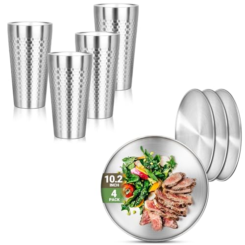 19oz 4 Cups and 10.2' 4 Plates 304(18/8), Round Shatterproof Stainless Steel Plates, Double Wall Stackable Unbreakable S