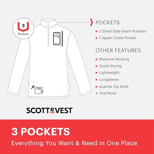 SCOTTeVEST Qzip Performance Pullover for Men - 3 Hidden Pockets - Moisture Wicking Quarter-Zip for Travel & More (Smoke, Large)