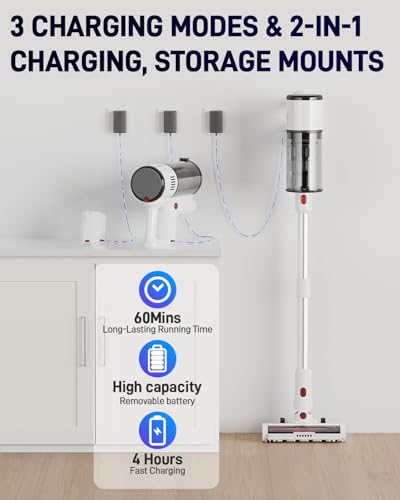 Image of Cordless Vacuum Cleaner, 550W /45KPa Stick Vacuum with Up to 60 Mins Runtime, Detachable Battery, Lightweight 2-in-1 Handheld Vacuum for Pet Hair, Hardwood Floors, Carpet, Stairs & Car